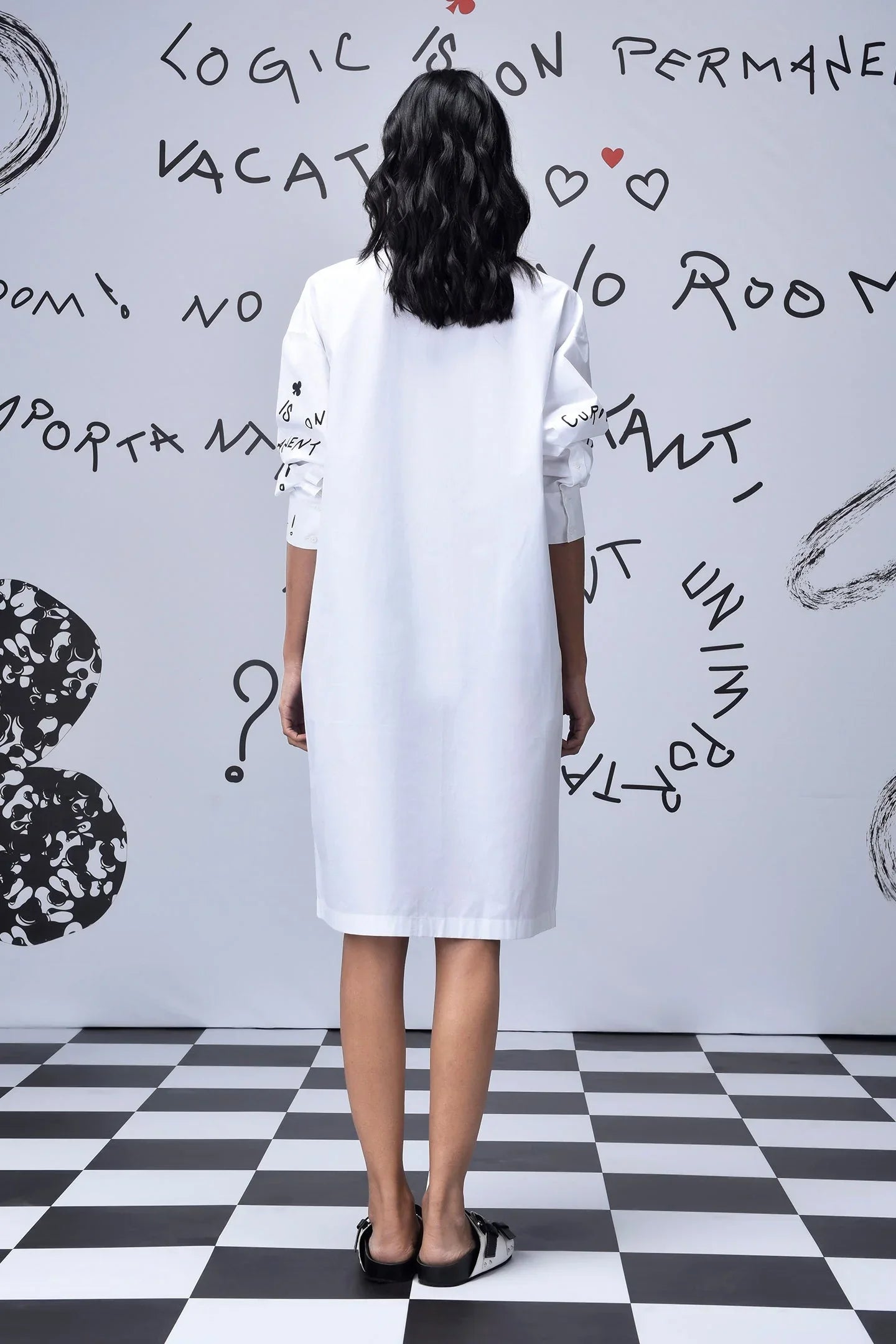 Scribble Text  Relax Fit Shirt Dress- White