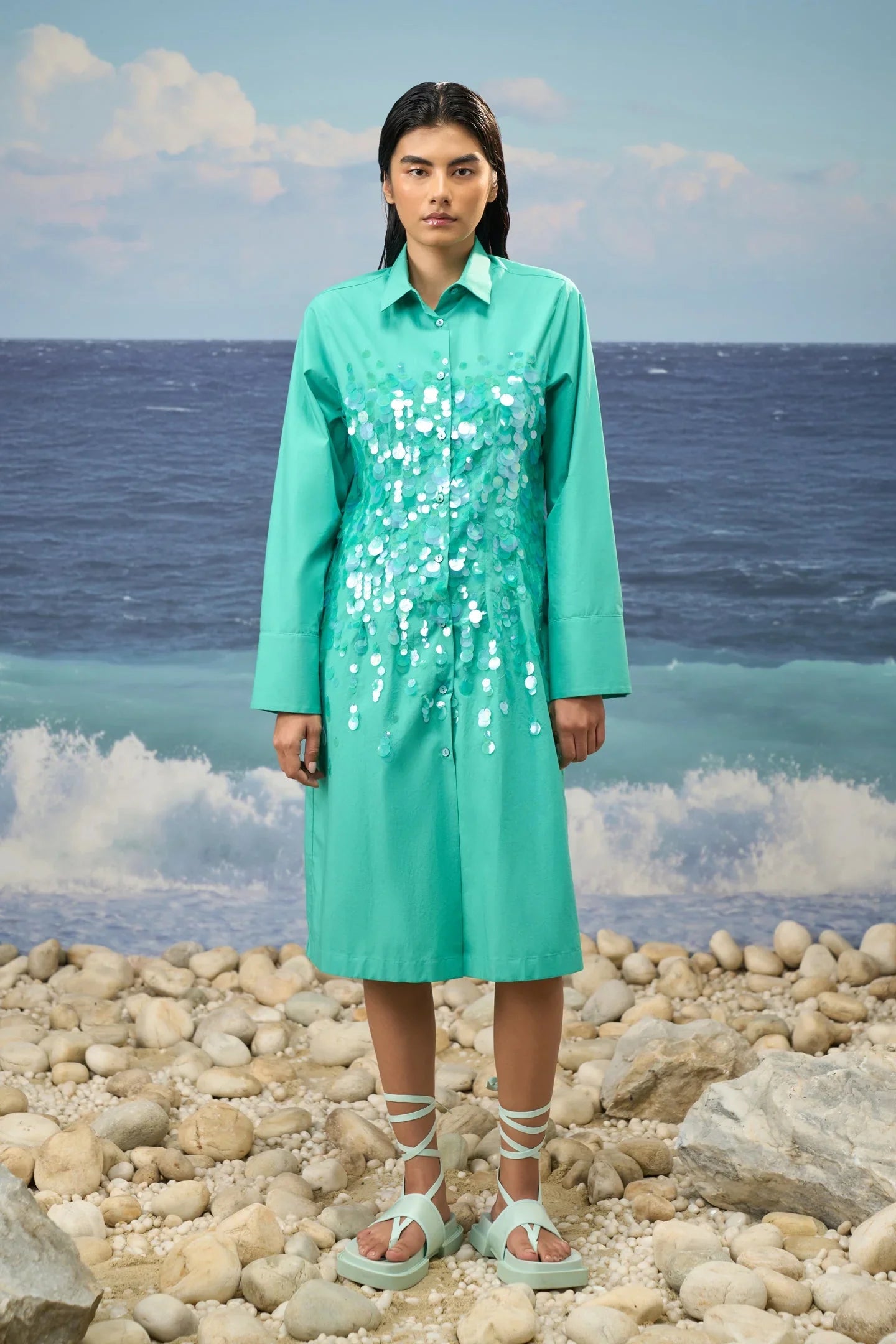 Sequin-Embroidered Shirt Dress in Premium Cotton Poplin – Persian Green
