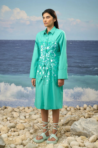 Sequin-Embroidered Shirt Dress in Premium Cotton Poplin – Persian Green