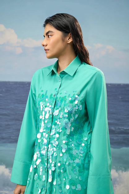 Sequin-Embroidered Shirt Dress in Premium Cotton Poplin – Persian Green