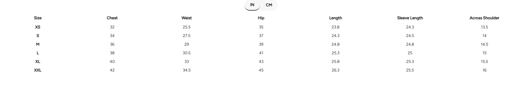 Size Chart for Sunbaked Shirt