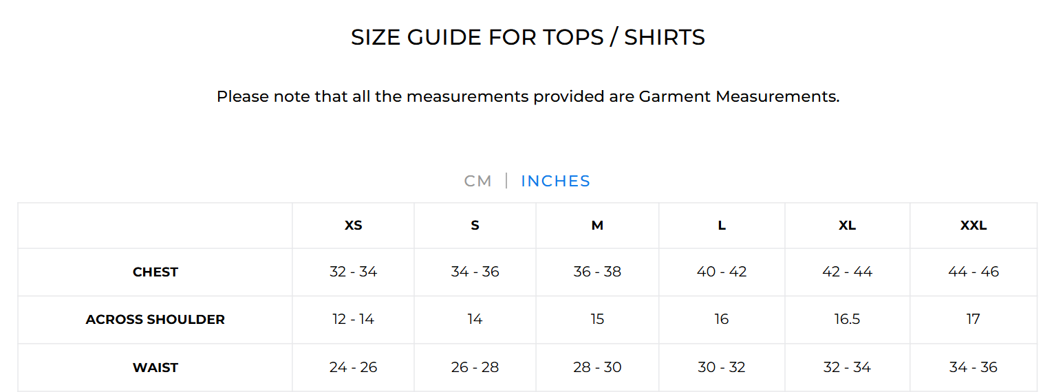 Size Chart for Lina Shirt