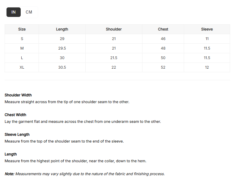 Size Chart for Mirage Boxy Shirt in Satin