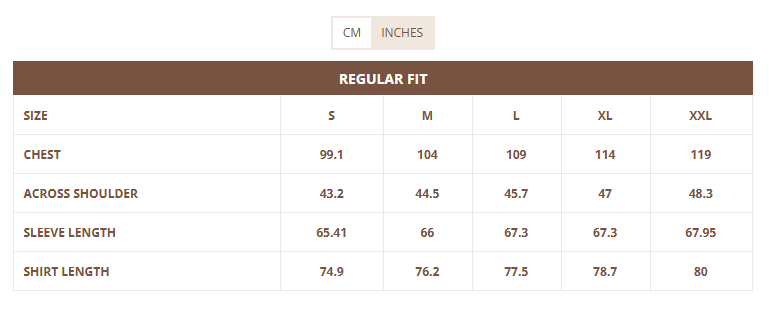 Size Chart for Aged Copper Linen Shirt