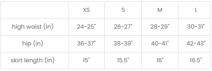 Size Chart for Sia Skirt