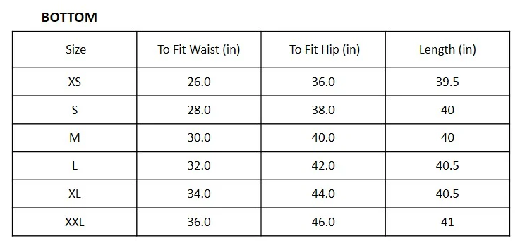 Size Chart for Ole Skirt