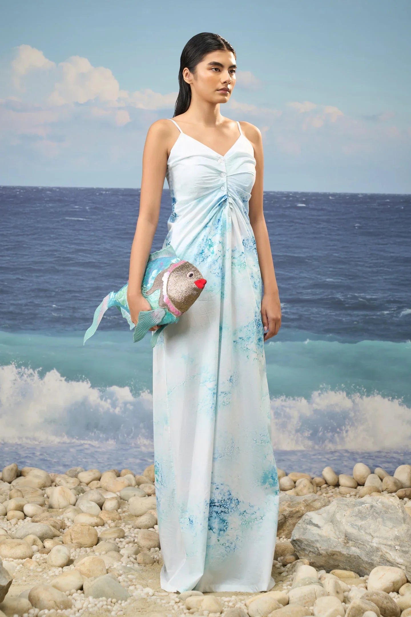 Sleeveless Dress in Premium Cotton Poplin with Watercolour Print