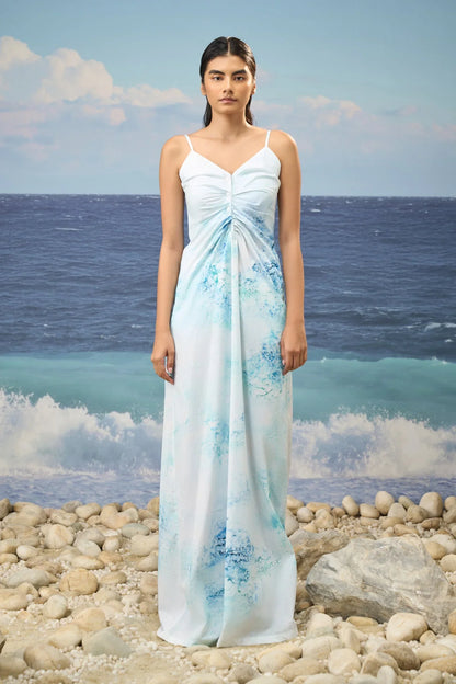 Sleeveless Dress in Premium Cotton Poplin with Watercolour Print