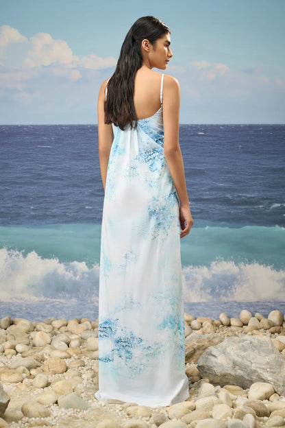 Sleeveless Dress in Premium Cotton Poplin with Watercolour Print