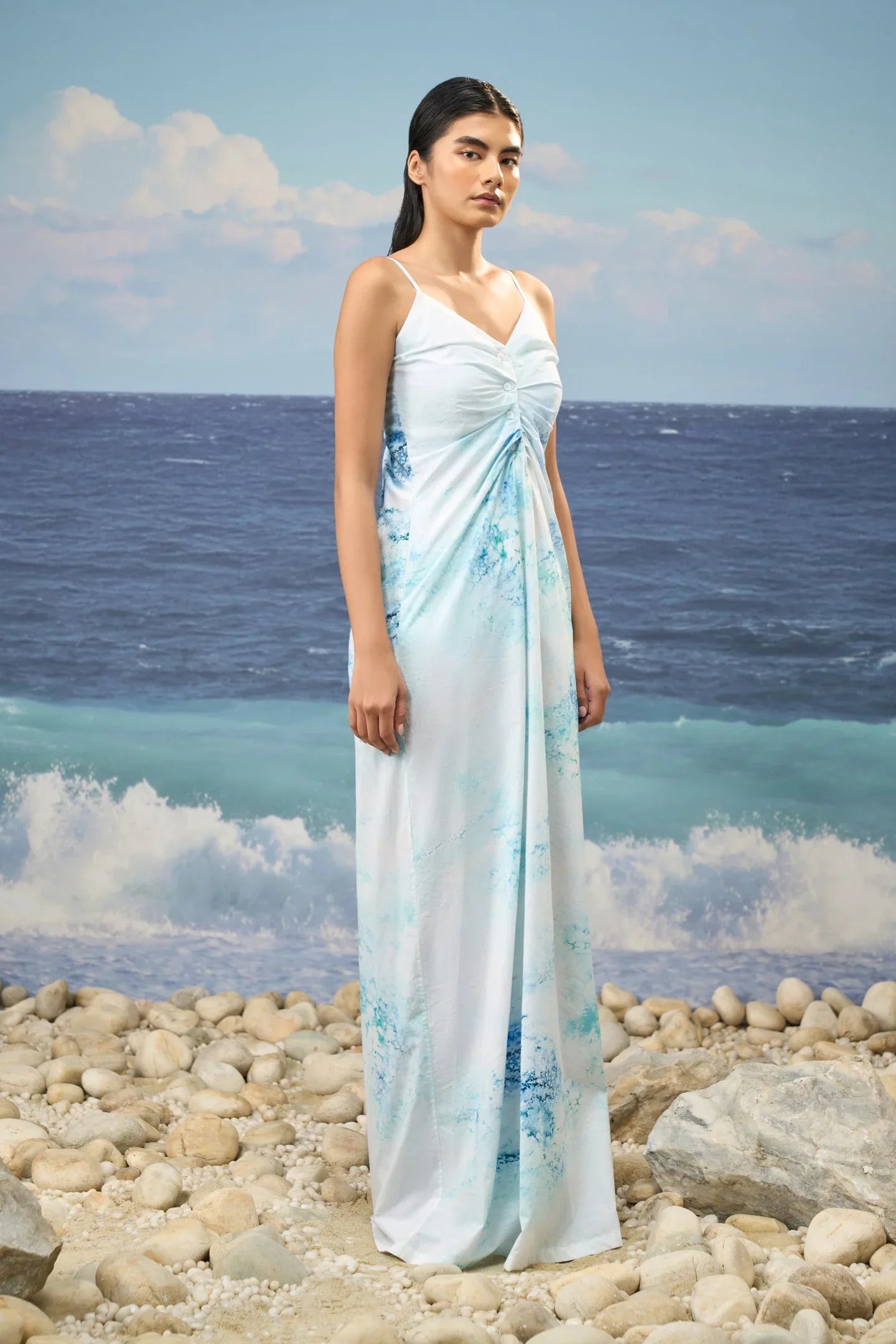 Sleeveless Dress in Premium Cotton Poplin with Watercolour Print