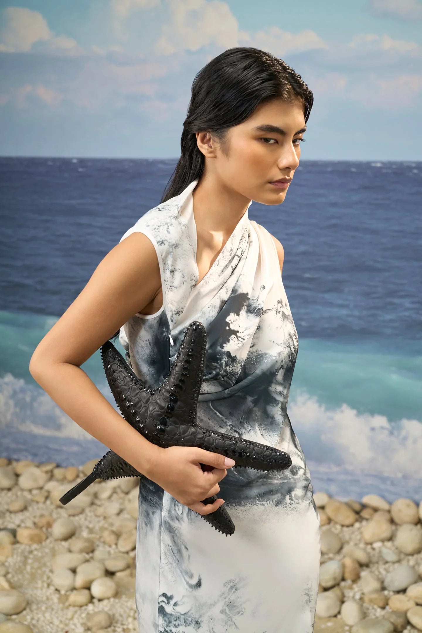 Sleeveless Dress in Premium Poly Satin with Abstract Graphic Print