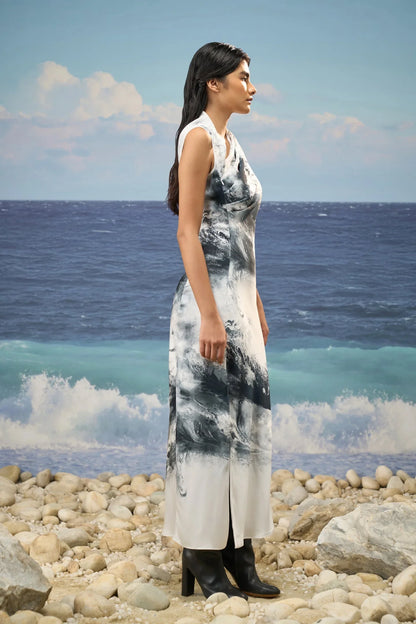 Sleeveless Dress in Premium Poly Satin with Abstract Graphic Print