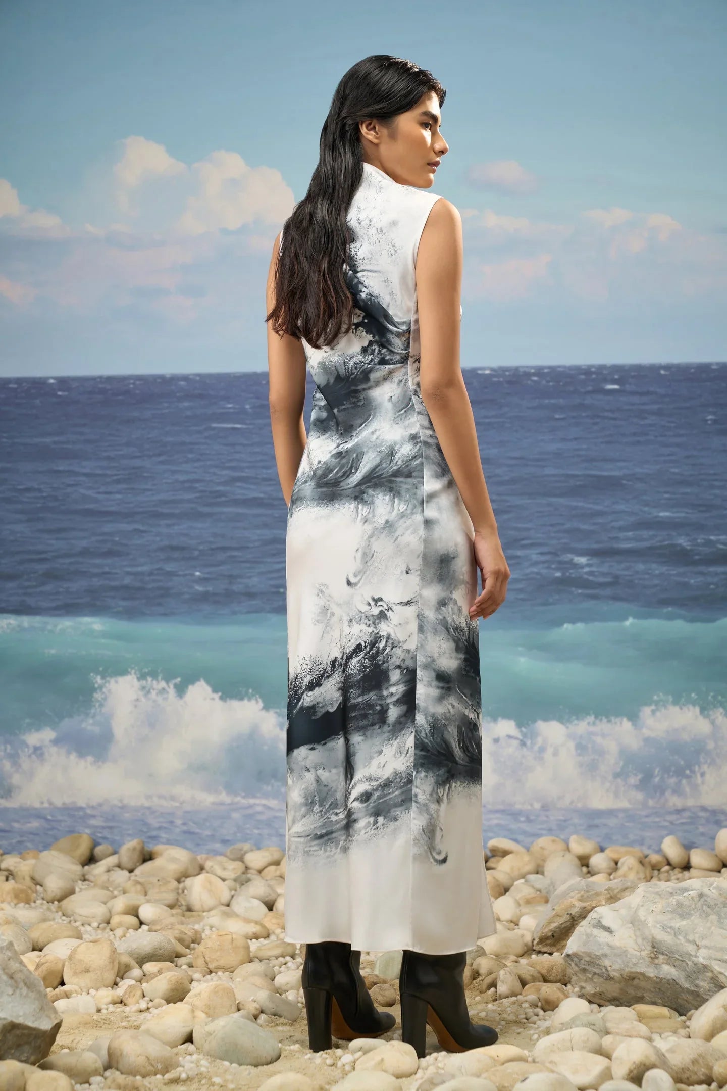 Sleeveless Dress in Premium Poly Satin with Abstract Graphic Print