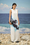 Sleeveless Straight Dress in Premium Viscose Nylon with Abstract Watercolor Print