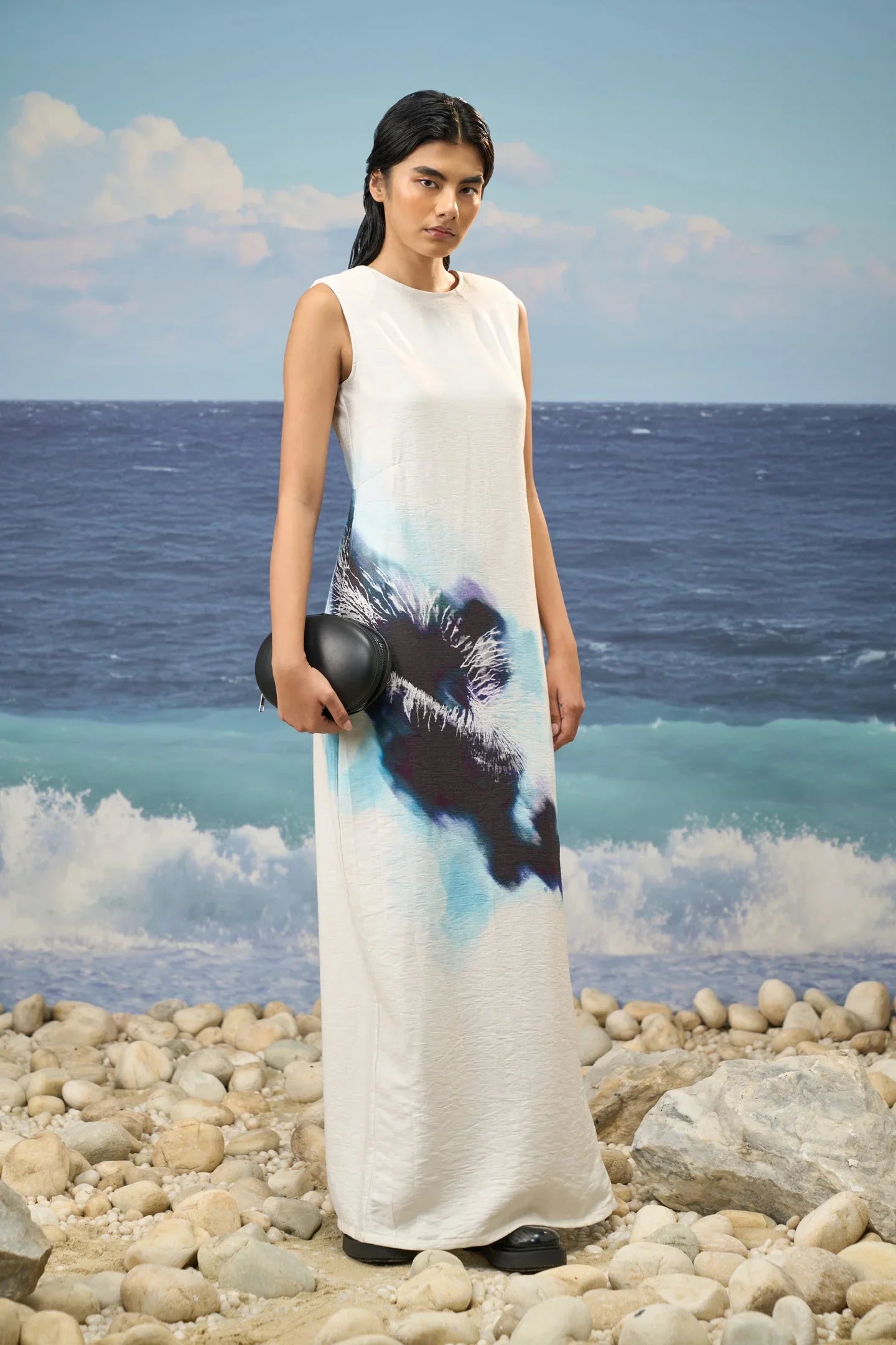 Sleeveless Straight Dress in Premium Viscose Nylon with Abstract Watercolor Print