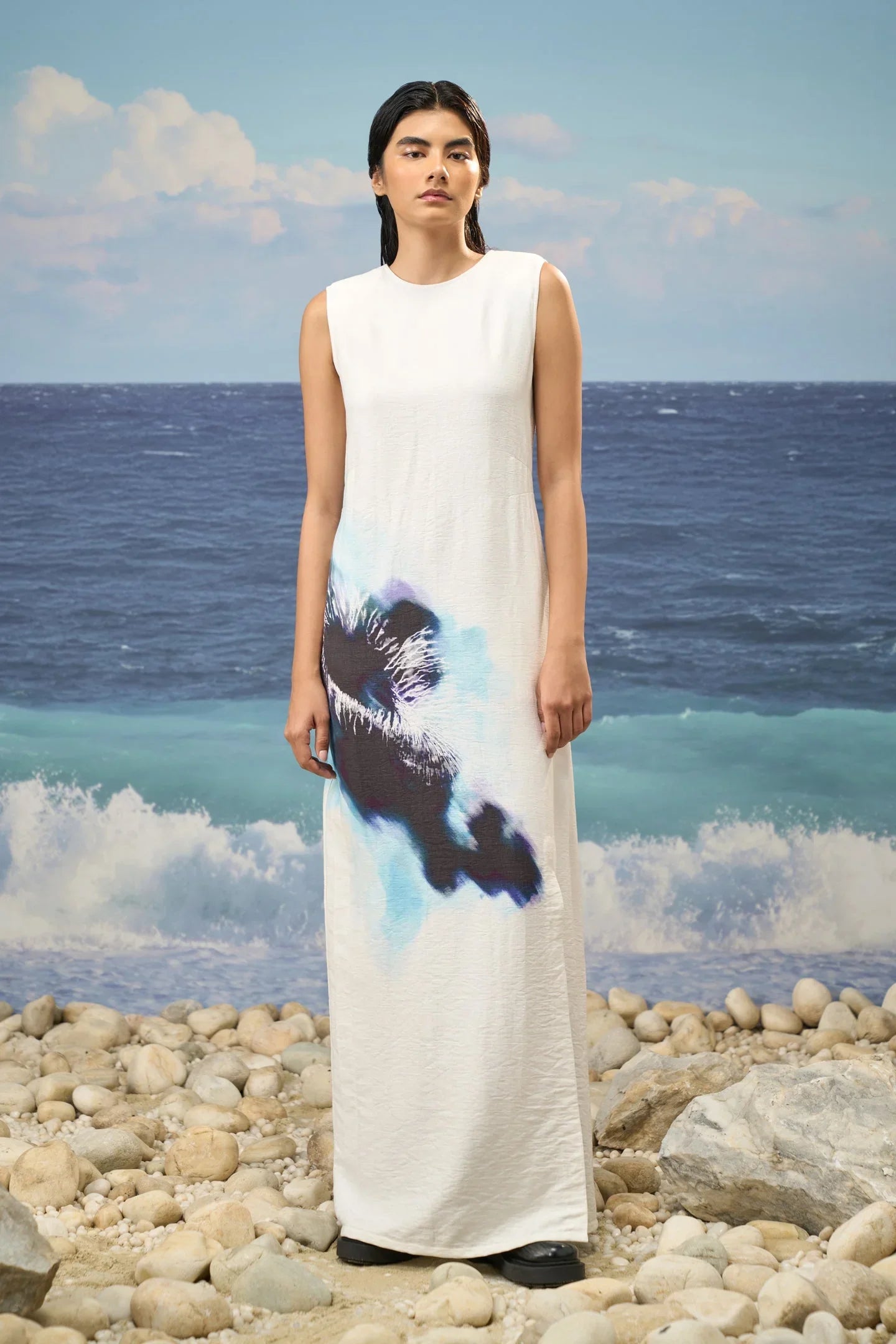 Sleeveless Straight Dress in Premium Viscose Nylon with Abstract Watercolor Print