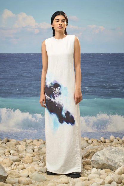 Sleeveless Straight Dress in Premium Viscose Nylon with Abstract Watercolor Print