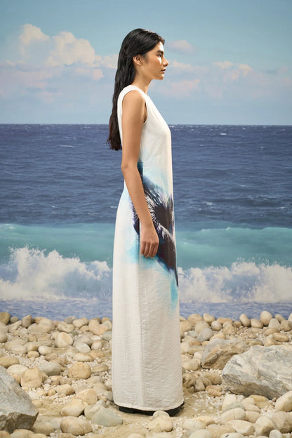 Sleeveless Straight Dress in Premium Viscose Nylon with Abstract Watercolor Print