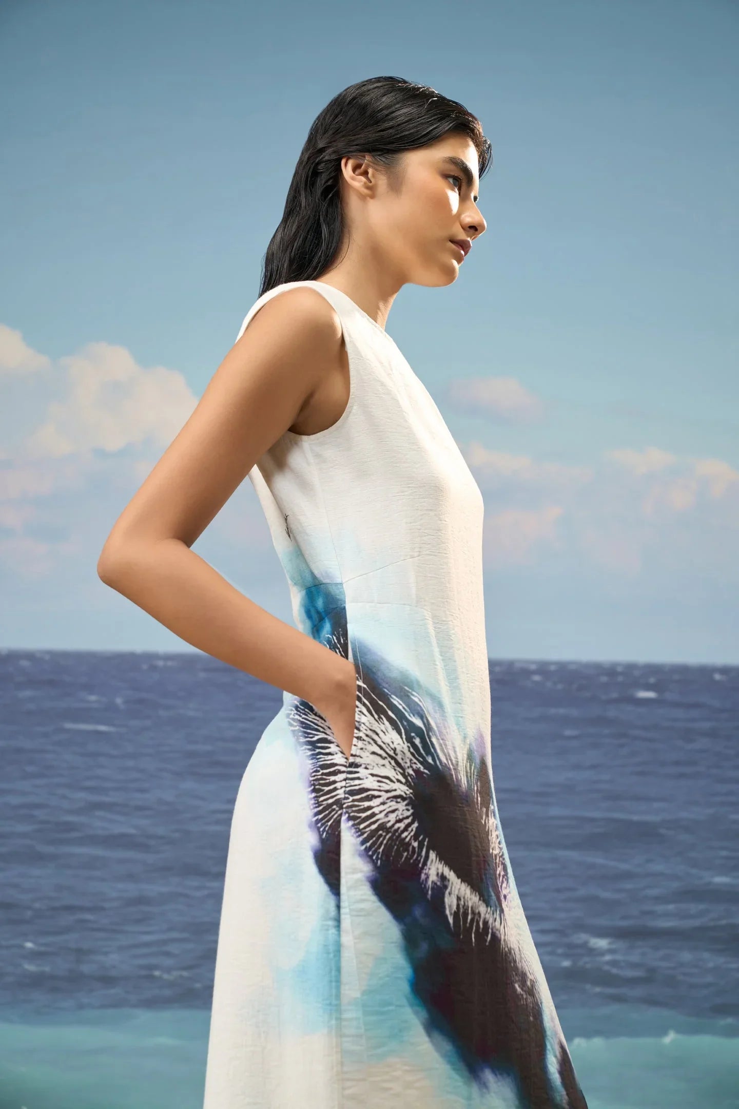 Sleeveless Straight Dress in Premium Viscose Nylon with Abstract Watercolor Print