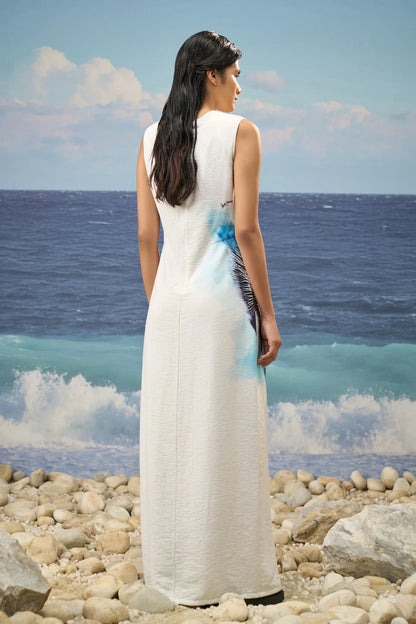 Sleeveless Straight Dress in Premium Viscose Nylon with Abstract Watercolor Print