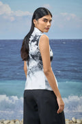 Sleeveless Top in Premium Poly Satin with Abstract Graphic Print