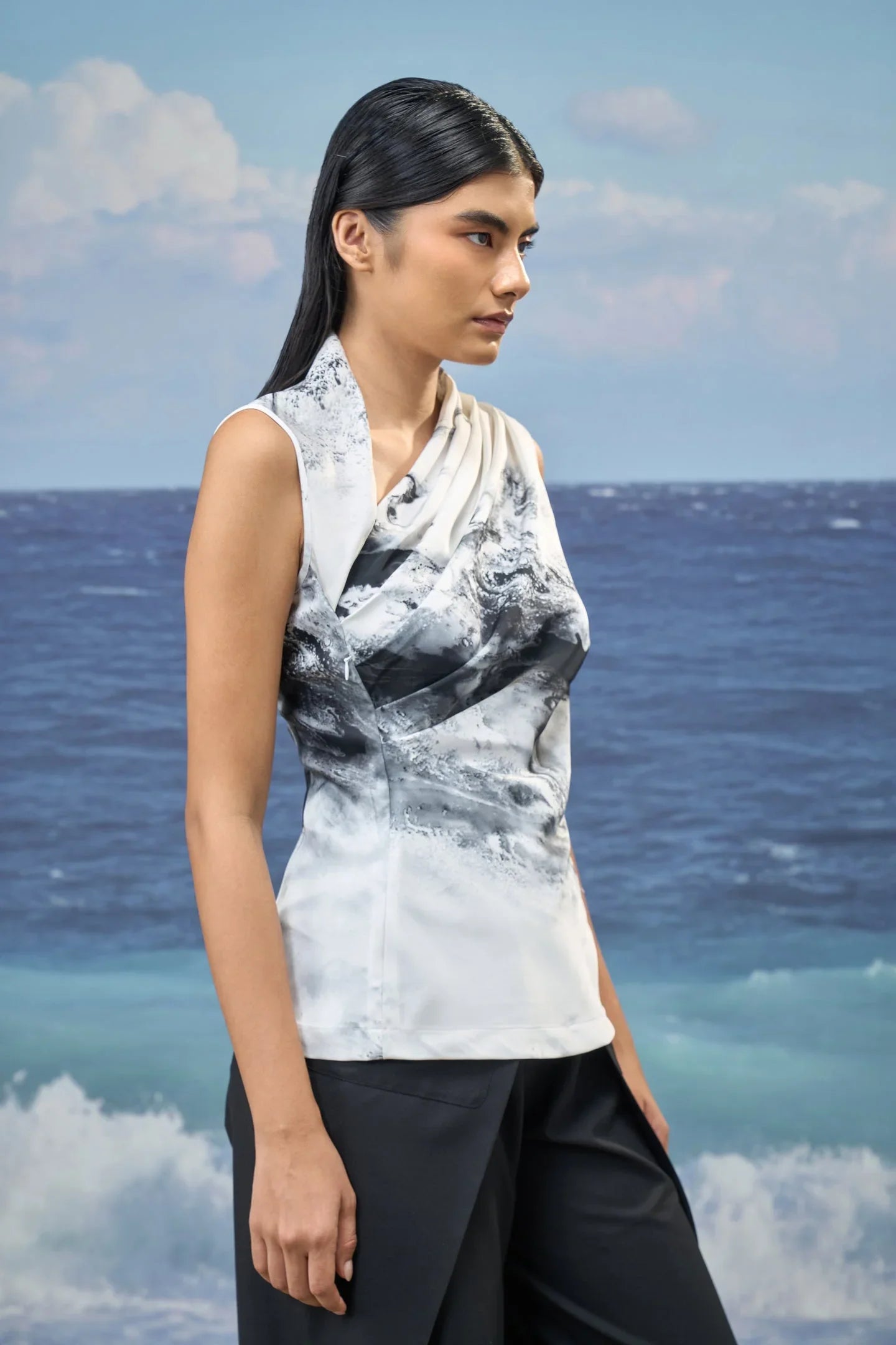 Sleeveless Top in Premium Poly Satin with Abstract Graphic Print