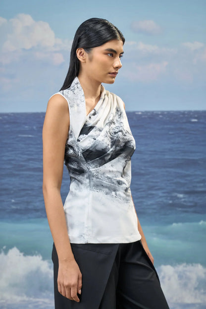 Sleeveless Top in Premium Poly Satin with Abstract Graphic Print