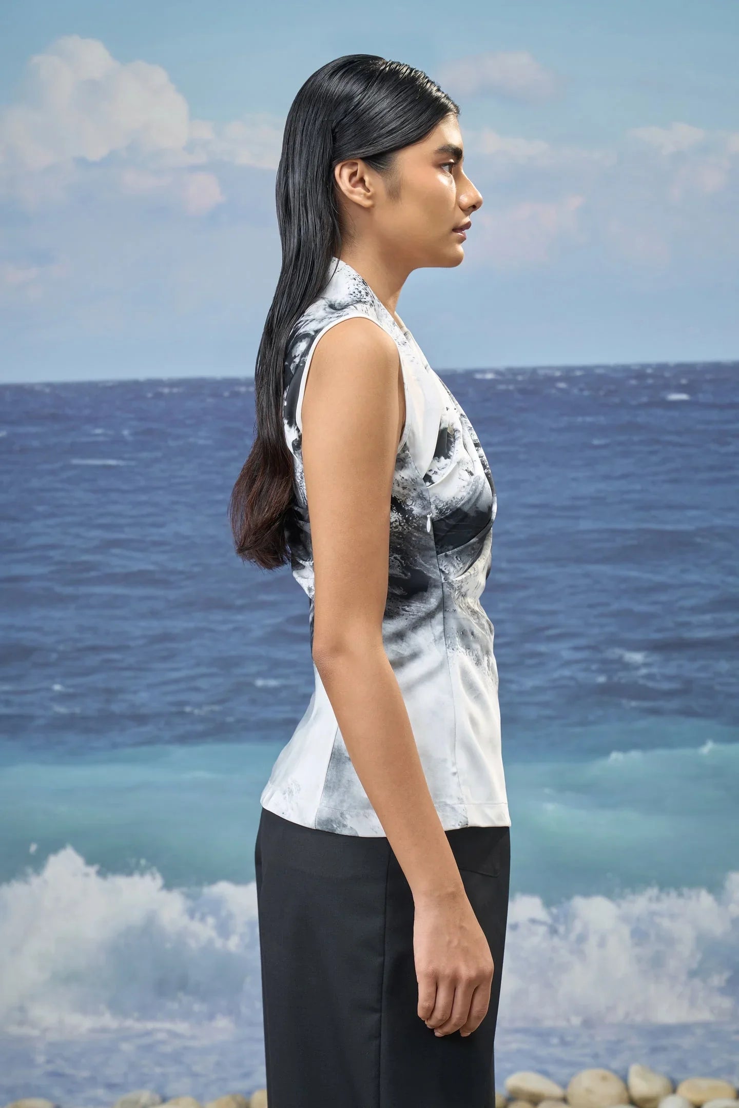 Sleeveless Top in Premium Poly Satin with Abstract Graphic Print
