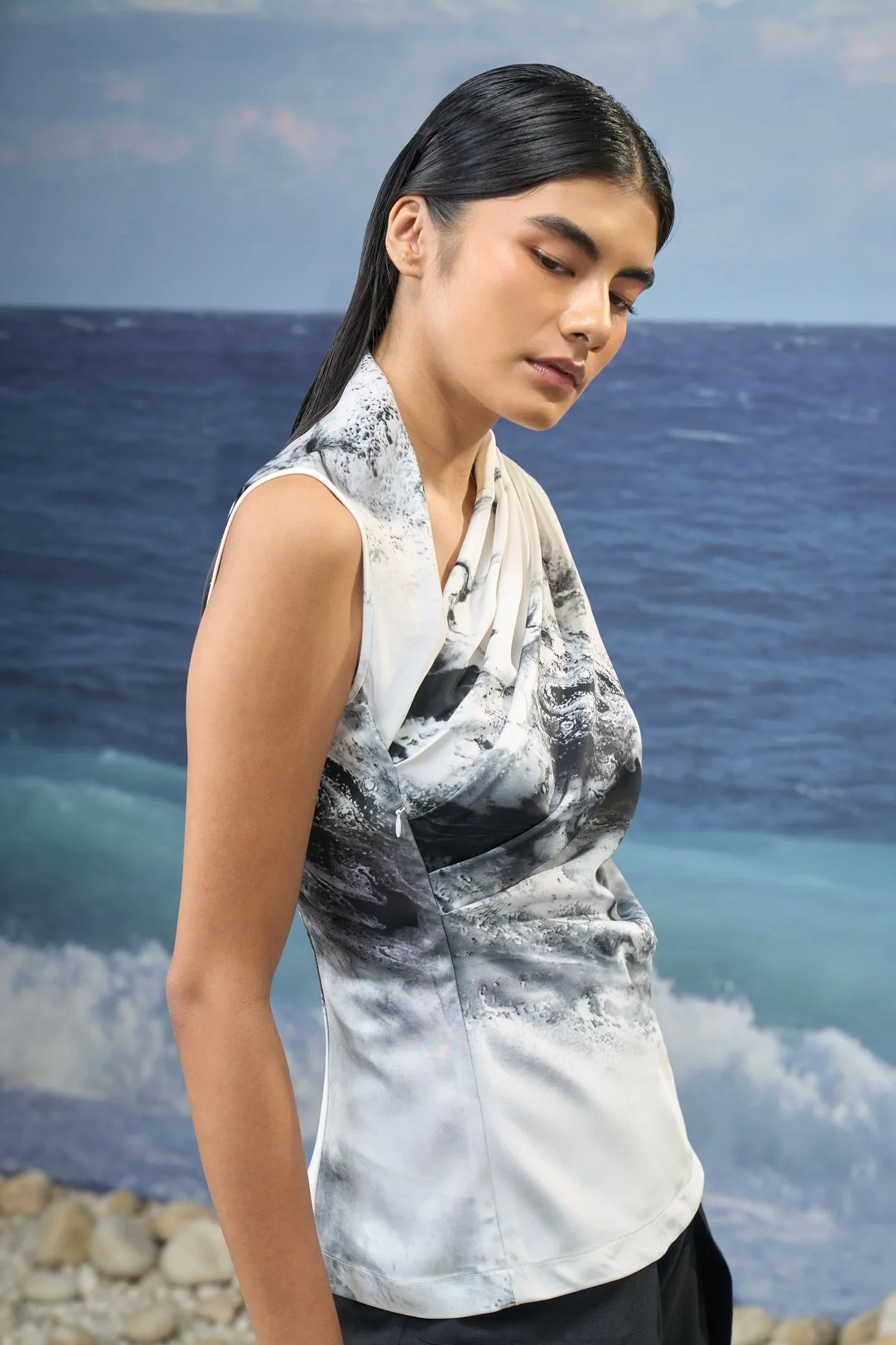 Sleeveless Top in Premium Poly Satin with Abstract Graphic Print