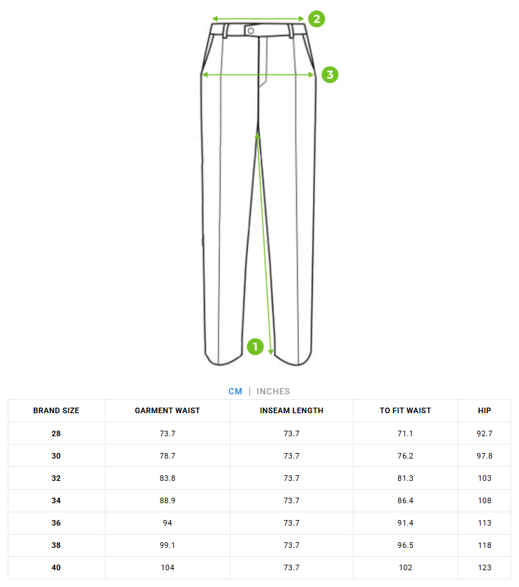 Size Chart for Men's Striped Slim Fit Formal Trouser