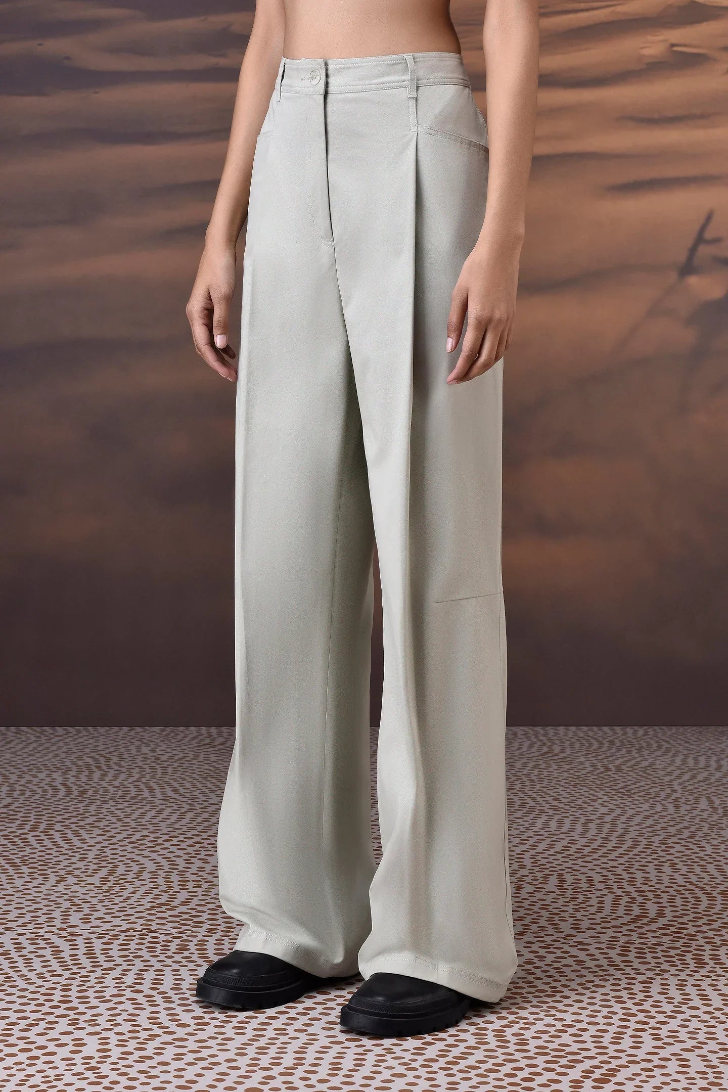 Soft Fern Green Cotton Twill Wide-Leg Trousers
