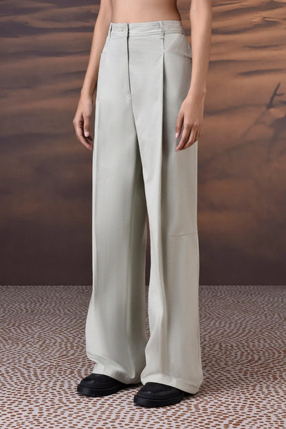 Soft Fern Green Cotton Twill Wide-Leg Trousers