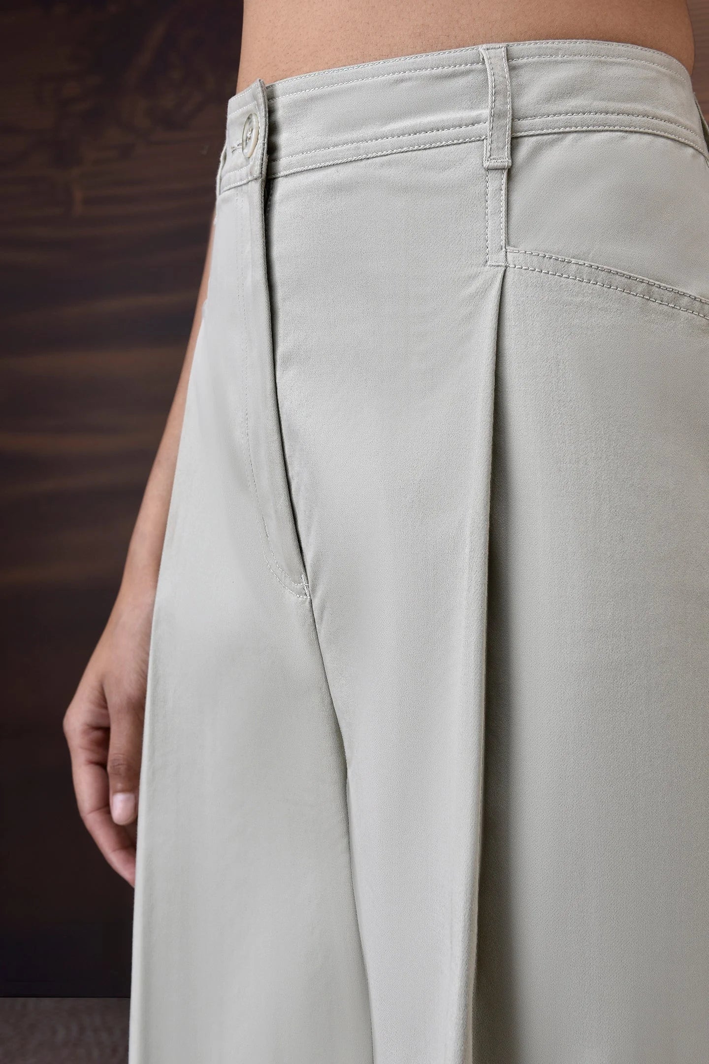 Soft Fern Green Cotton Twill Wide-Leg Trousers