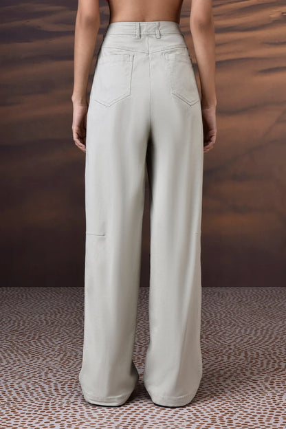 Soft Fern Green Cotton Twill Wide-Leg Trousers