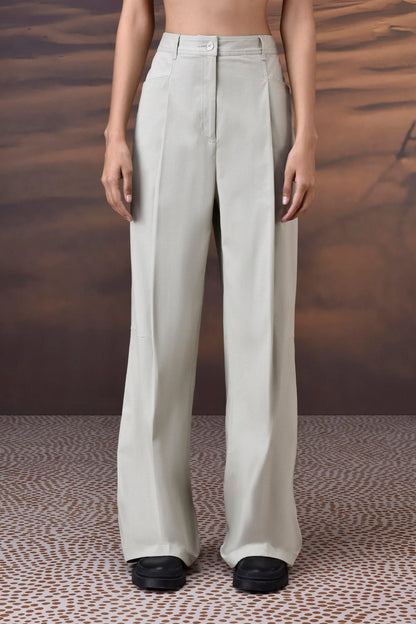 Soft Fern Green Cotton Twill Wide-Leg Trousers