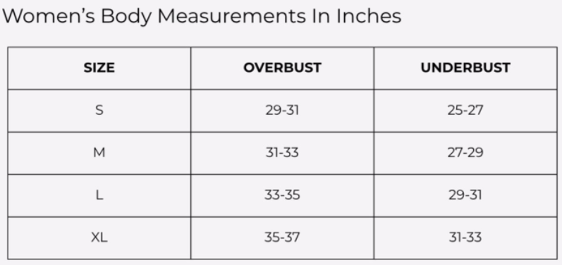Size Chart for MADE FOR YOU SPORTS BRA