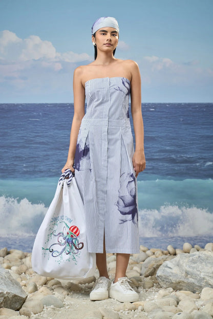 Strapless Midi Dress in Premium Cotton Pinstripe