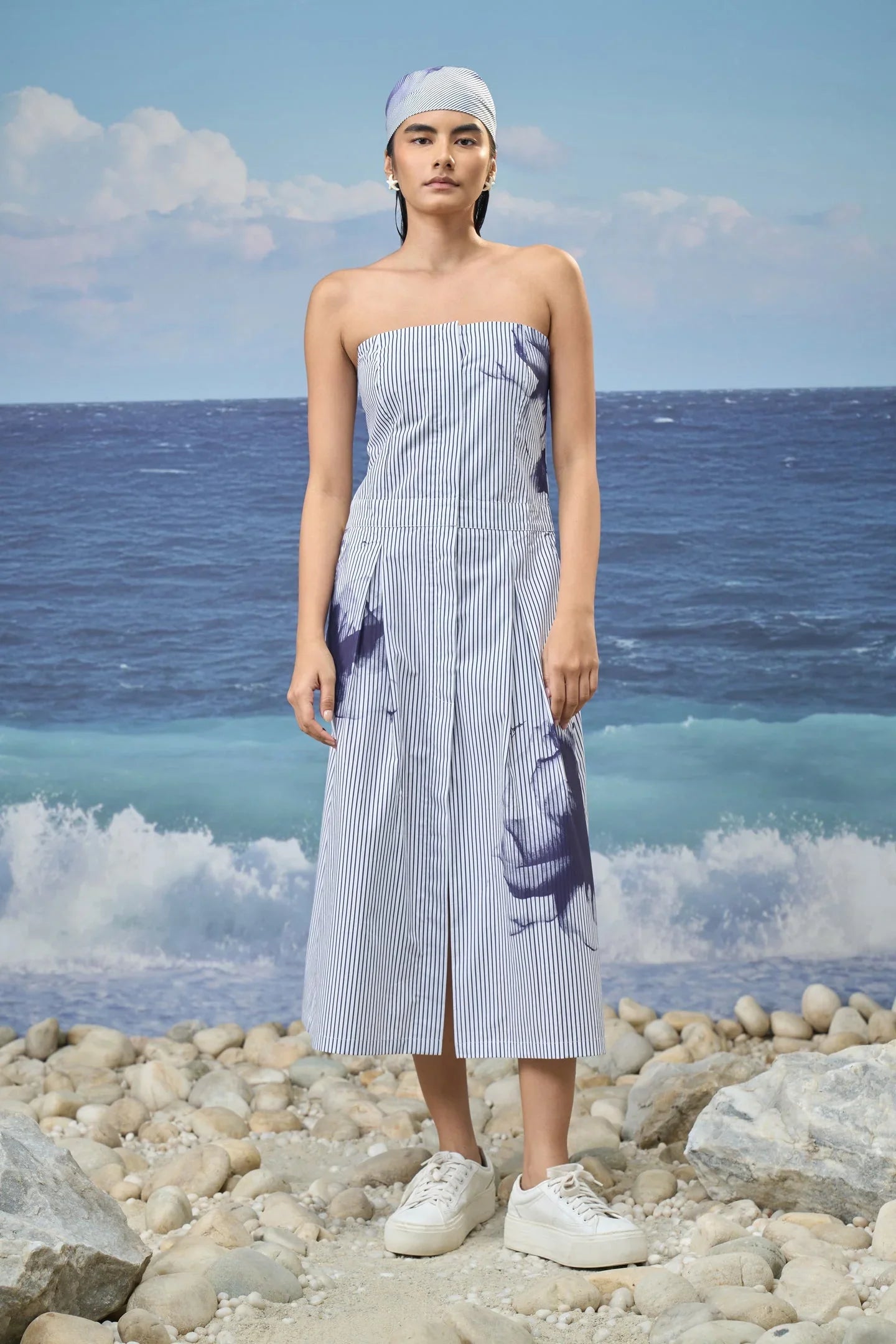 Strapless Midi Dress in Premium Cotton Pinstripe