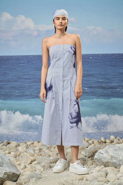 Strapless Midi Dress in Premium Cotton Pinstripe