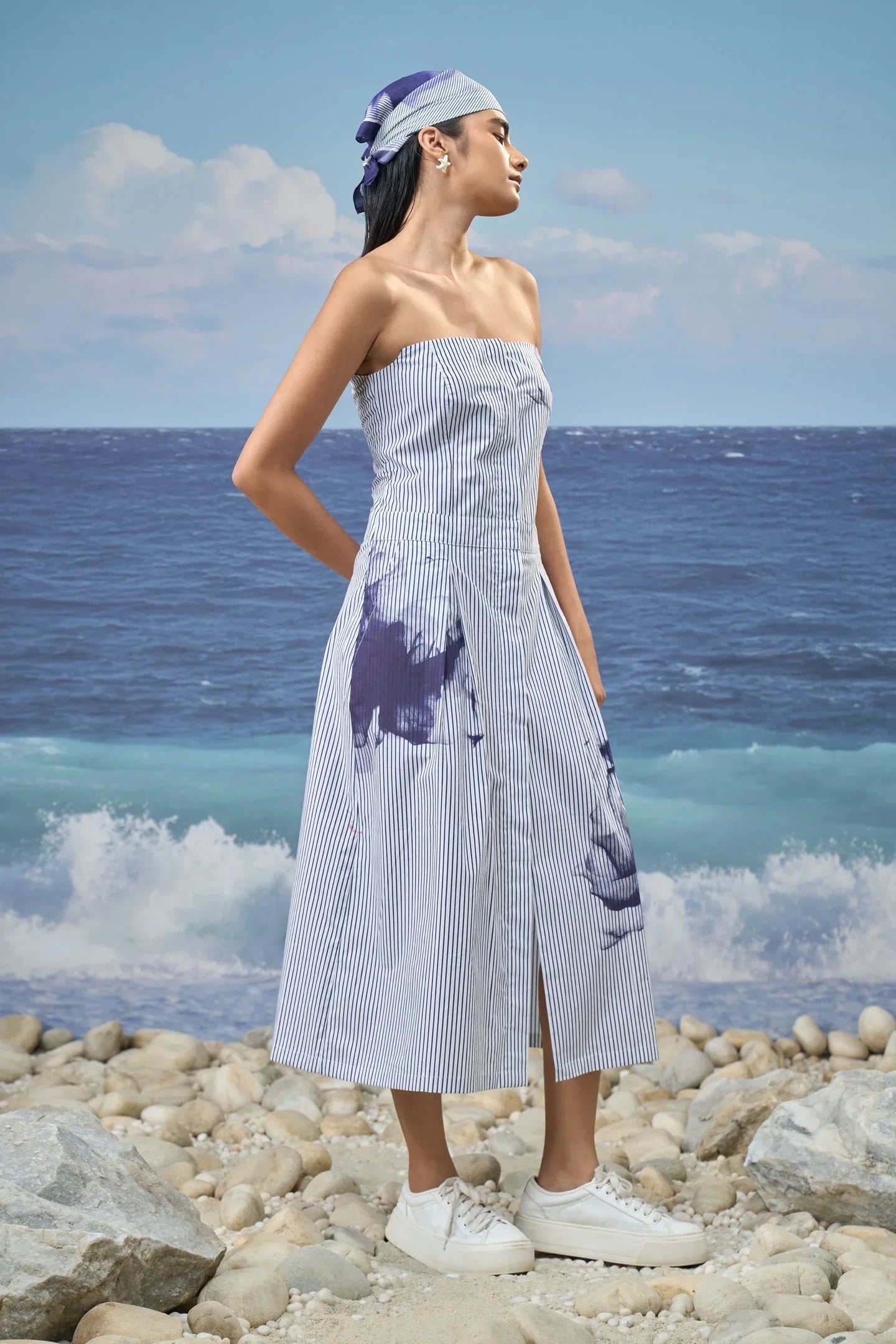 Strapless Midi Dress in Premium Cotton Pinstripe