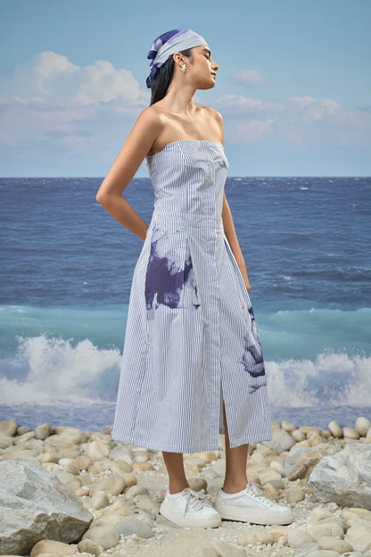 Strapless Midi Dress in Premium Cotton Pinstripe