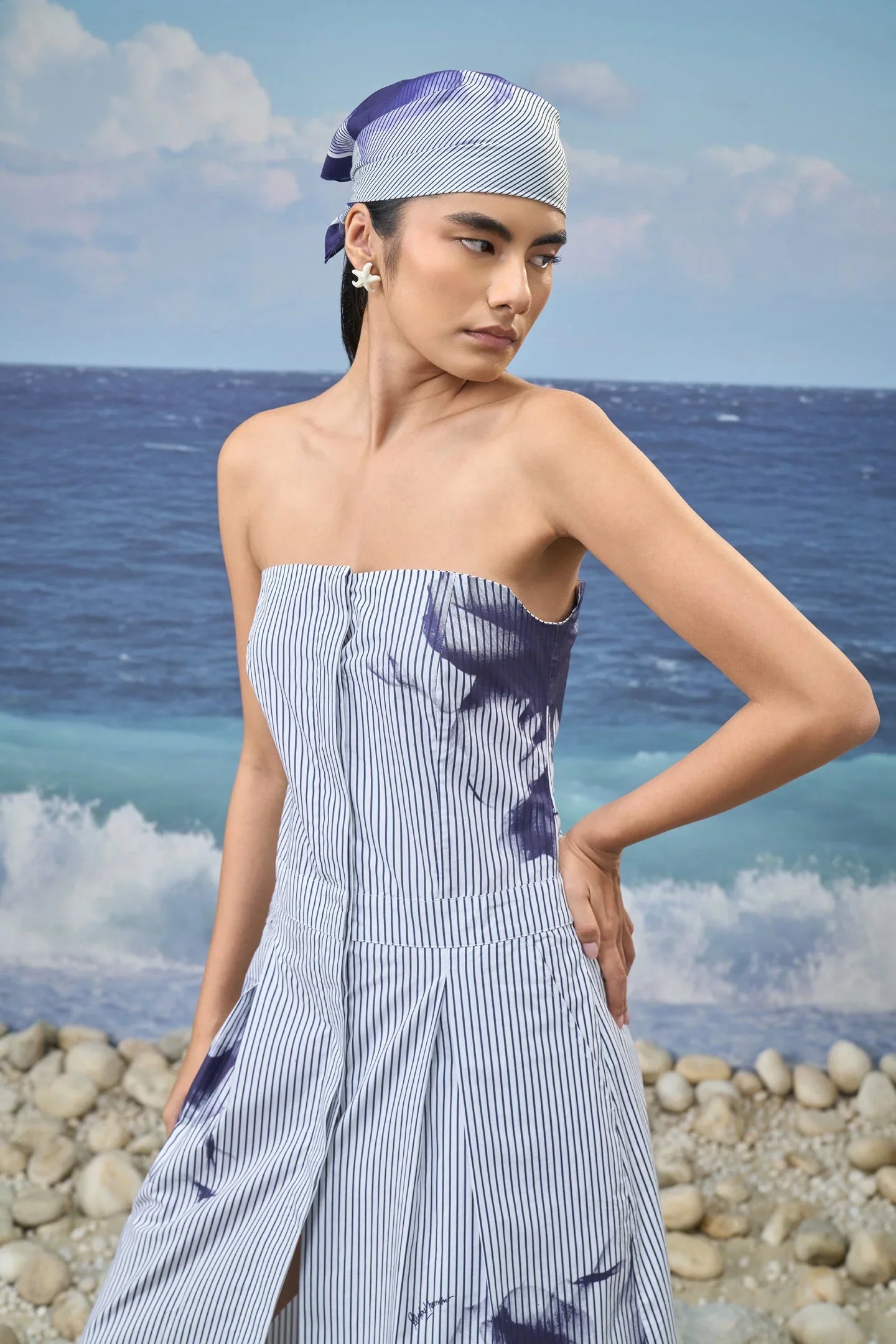 Strapless Midi Dress in Premium Cotton Pinstripe