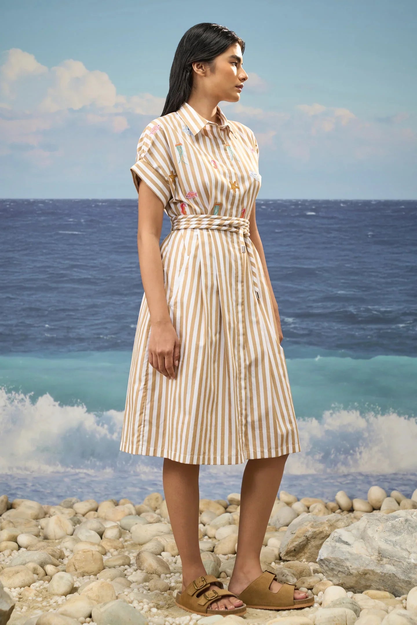 Striped Premium Cotton Midi Dress