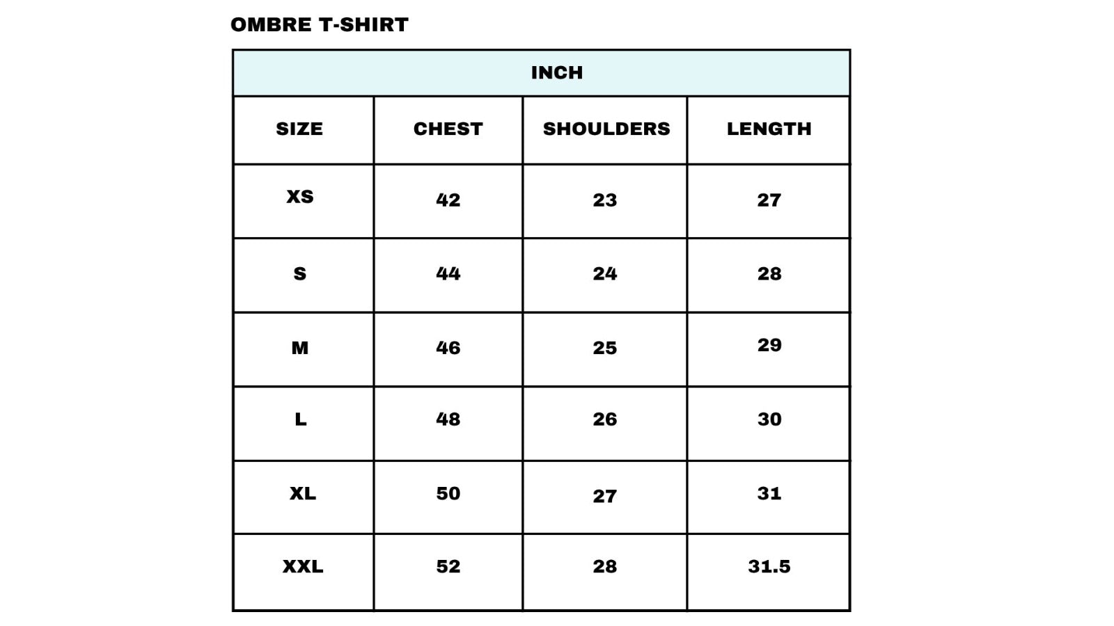 Size Chart for Sunfade Ombre Wash T-shirt