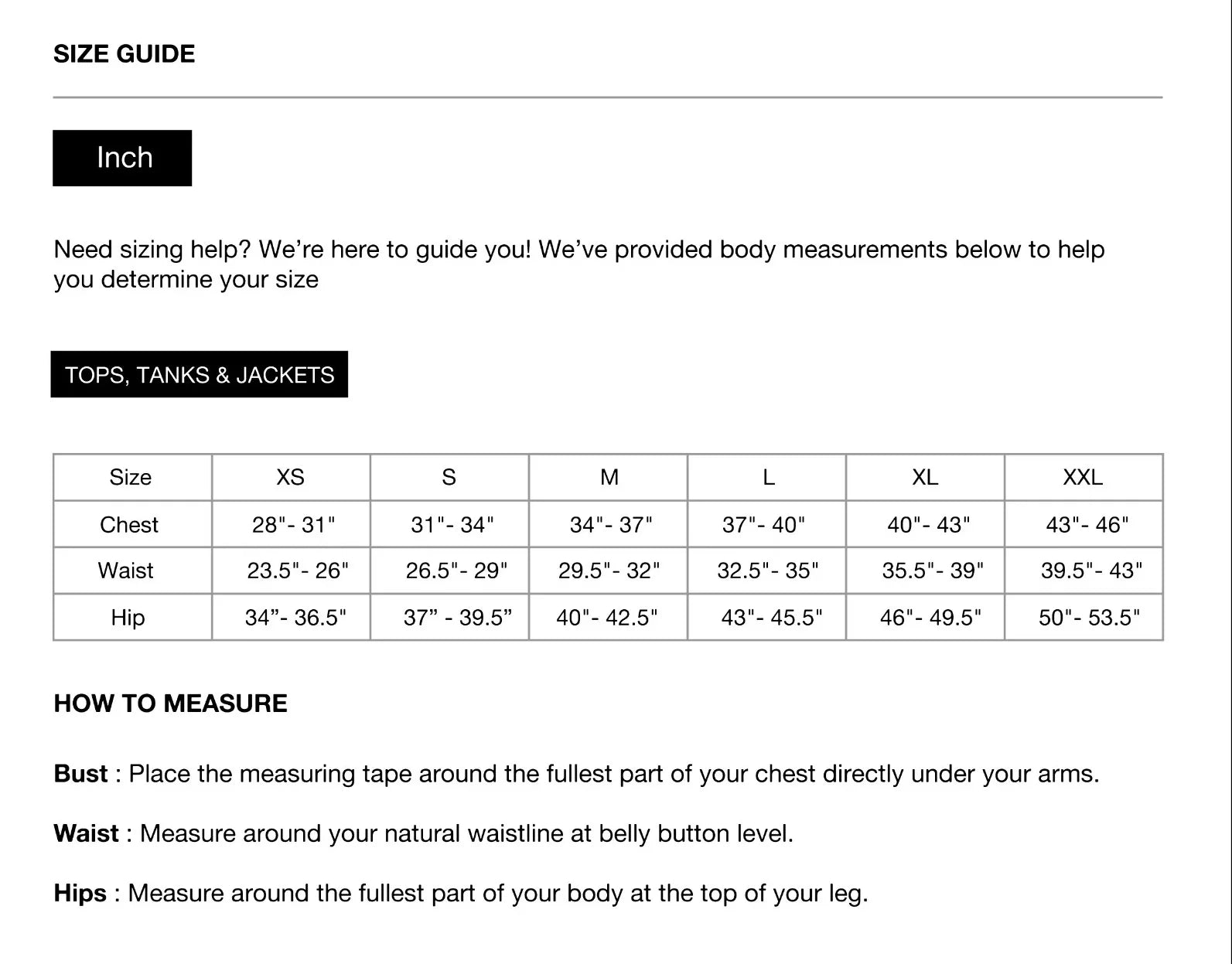 Size Chart for LuxeFeel Low Back Bodysuit