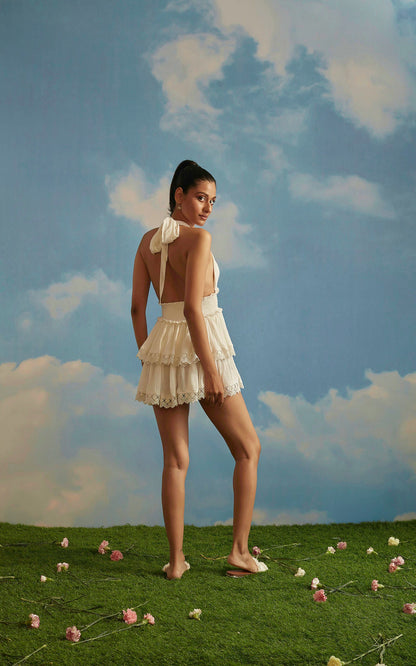 Halter Neck Tie Up Dress With Lace Detail