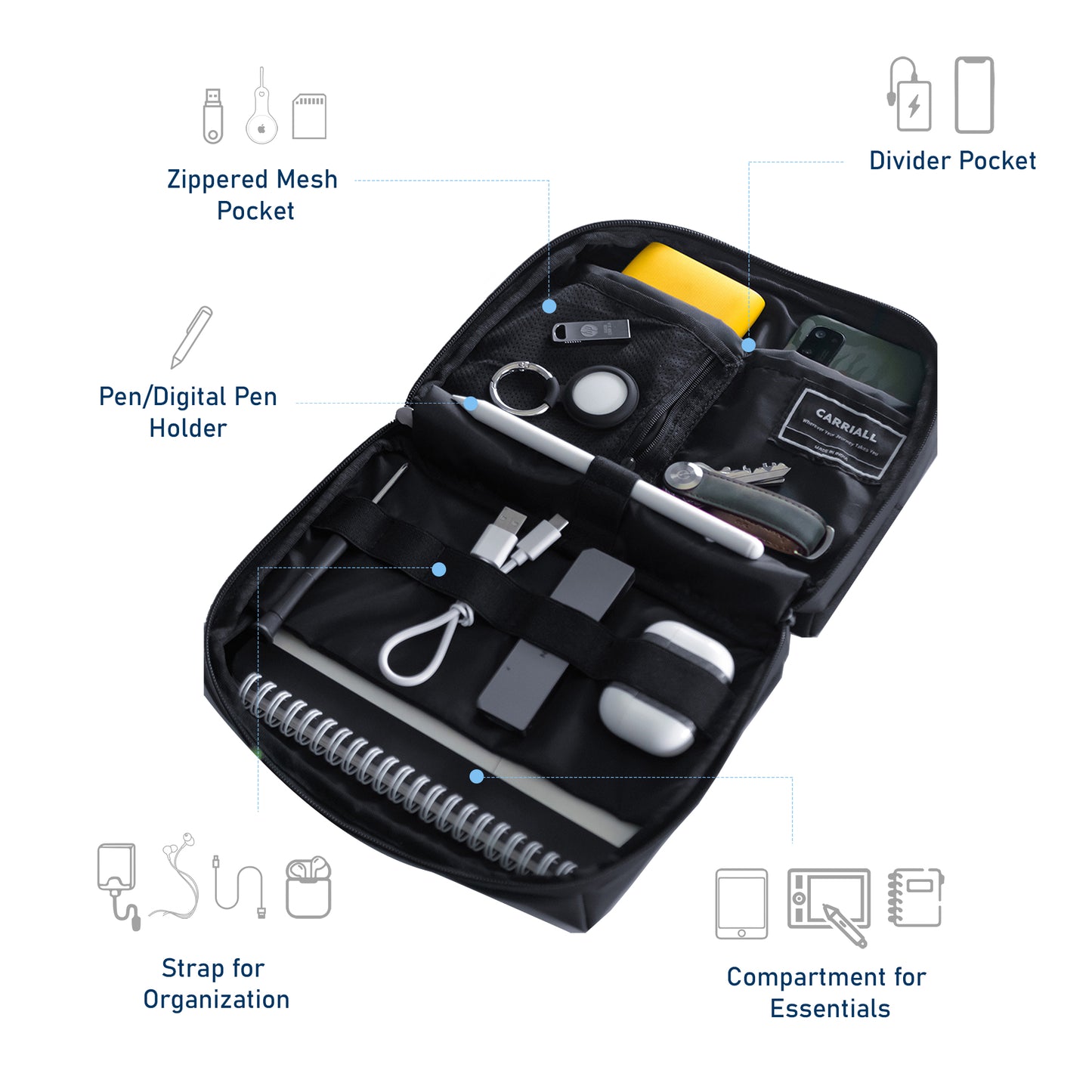 Carriall Electronics Organizer Tech Kit bag for office Accessories (Black)