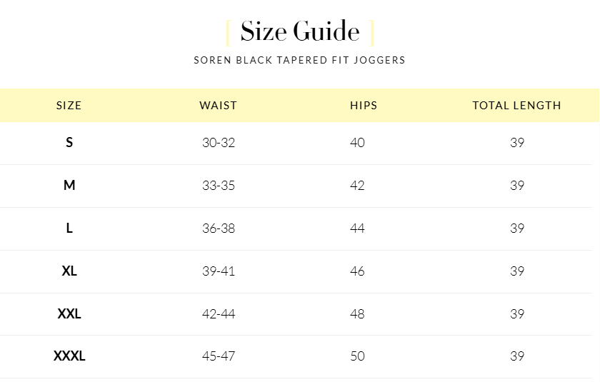 Size Chart for Norse Blue Tapered Fit Joggers