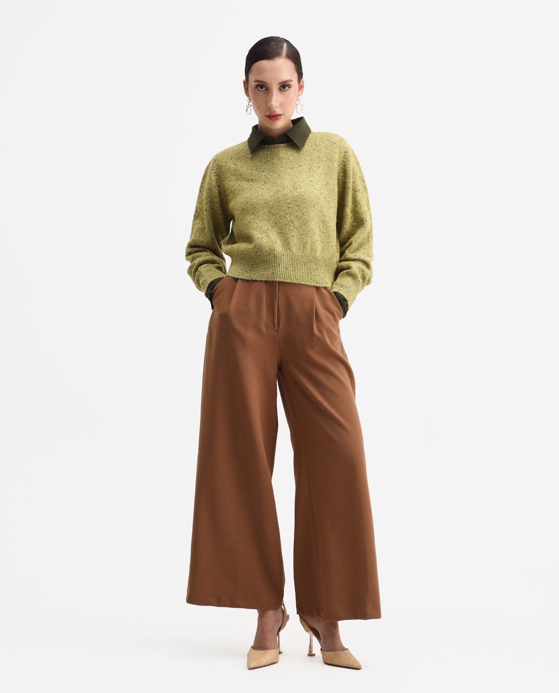 Rareism Women's Tinoa Light Olive Acrylic Blend Crew Neck Relaxed Fit Sweater | RAREISM at Broadway