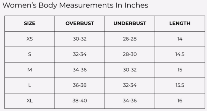 Size Chart for TONE SPORTS BRA